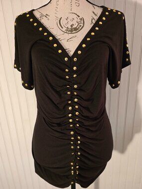 Chic Carmen Brown Ruched Top with Gold Stud Embellishments